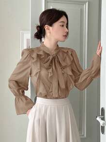 DAZY 女士纯色领带蝴蝶结荷叶边袖口长袖衬衫 - 駝色 - 查看 1