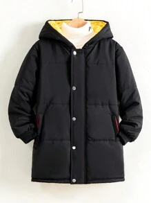 Boys Casual Raglan Sleeve Hooded Long Down Jacket, Suitable For Winter - Black - View 1