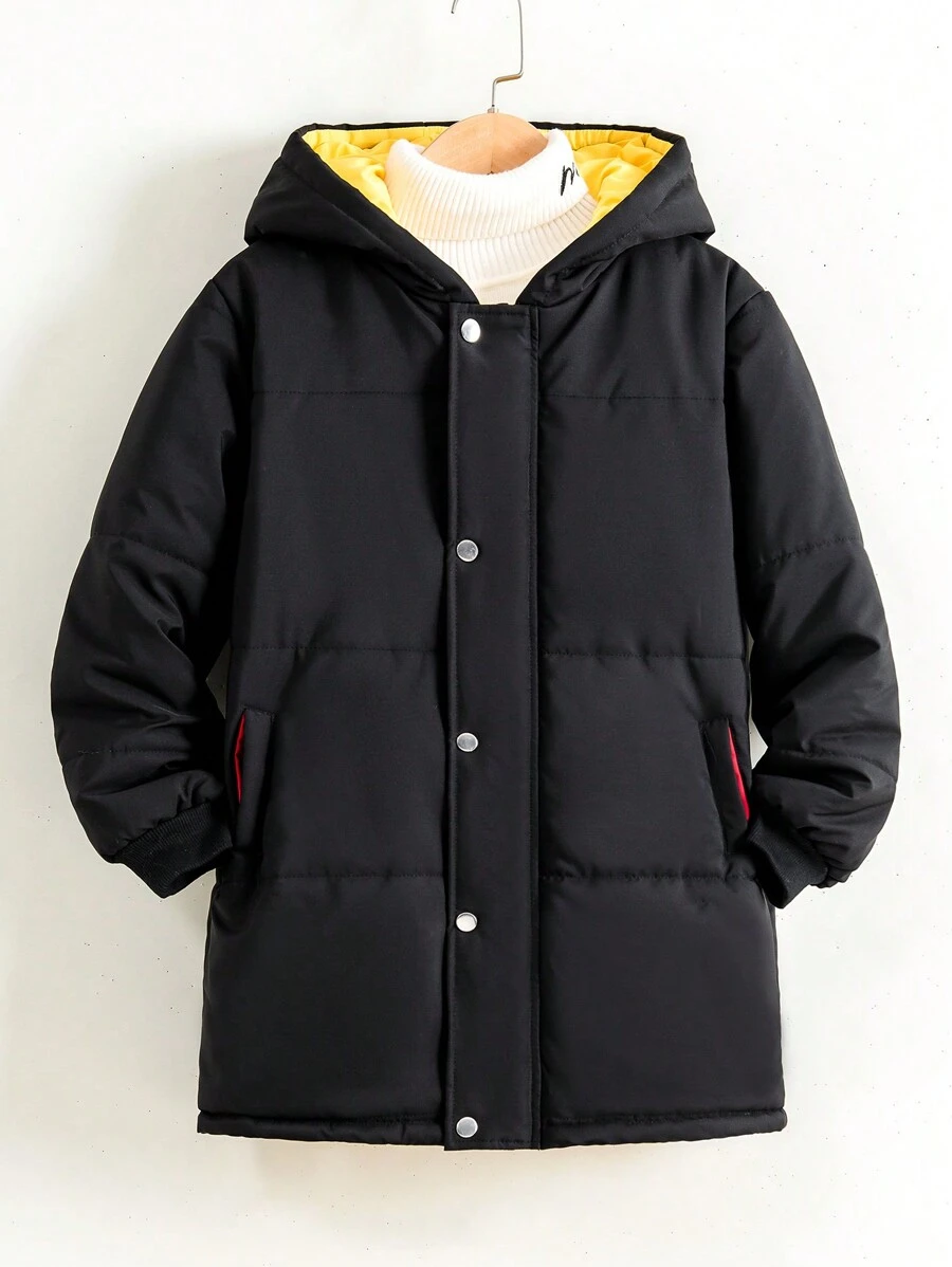 Boys Casual Raglan Sleeve Hooded Long Down Jacket, Suitable For Winter - Black - View 1