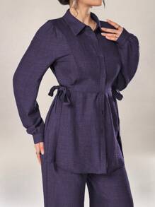 Graceveil 2pcs Women Casual Solid Color Texture Button Front Top And Pants Set, Autumn 2 Pieces Set Modest Fall Cloth For Women - Purple - View 2