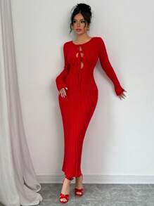 Chiquease 女士优雅修身露肩蝴蝶结装饰针织连衣裙 - 紅色 - 查看 4