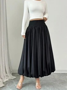 Elenzga 女士纯色褶皱高腰裙，秋季优雅 - 黑色 - 查看 3