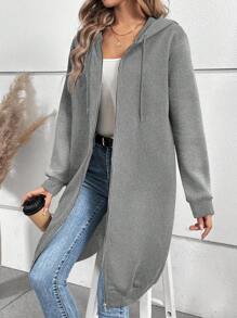 SHEIN LUNE Áo nỉ dài tay có mũ trùm đầu khóa kéo phía trước màu trơn cho nữ mùa thu - Xám - Xem 3