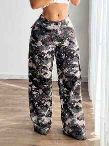 SHEIN ICON Pantaloni cargo cu buzunar mare, în aer liber, retro, camuflaj, americani - Multicolor - Vizualizare 3