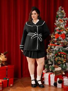 SHEIN MOD Plus Size Vintage Style Black Color Block Lapel Waist Tie Jacket - Black - View 3