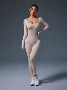 1pc Women's Fashionable Solid Color Elastic Crew Neck Skinny Jumpsuit For Sports