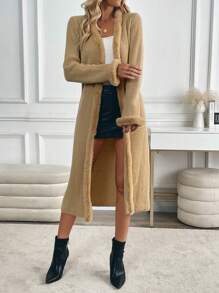 SHEIN Clasi 独特蓬松领中长款系带开衫，针织超大毛衣夹克，搭配皮革撞色设计，适合女士秋冬 - 卡其色 - 查看 4