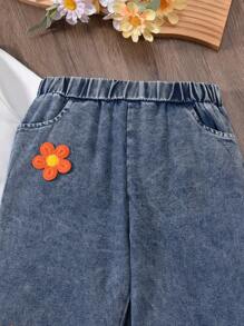 Sparklyn 2 pièces Ensemble de tenues pour jeune fille avec sweat-shirt blanc à fleurs et jean en denim évasé bleu, automne/hiver - Blanc - Voir 3