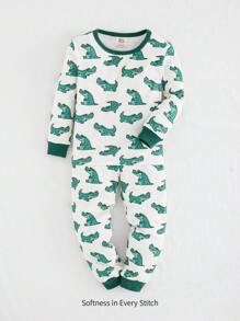 Cozy Pixies 2pcs Young Boy Snug Fit Cartoon Crocodile Pattern Color Block Soft Knit Crew Neck Long Sleeve Top And Pants Pajama Set