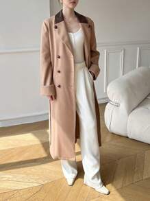 Modelyn Women Casual Contrast Color Lapel Double-Breasted Overcoat, Autumn/Winter