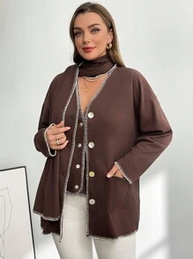 SHEIN Privé Plus Size Women's Brown Scarf Vest&Long-Sleeved Cardigan 3-Piece Set,Autumn Winter Casual Office Fashion Loose Comfortable Thermal Coats Curve Tops - Brown - View 1