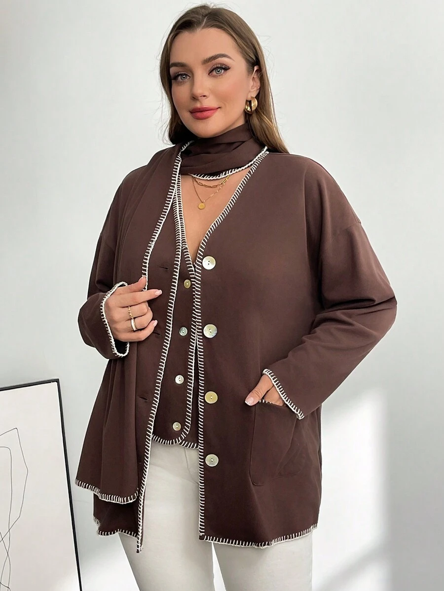 SHEIN Privé Plus Size Women's Brown Scarf Vest&Long-Sleeved Cardigan 3-Piece Set,Autumn Winter Casual Office Fashion Loose Comfortable Thermal Coats Curve Tops - Brown - View 1