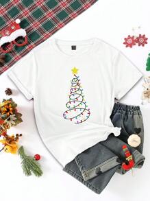 Kerstmis Vrouwen Casual Modieus Bedrukt T-shirt Met Kleurrijke Lichtjes Kerstboom Ster Patroon, Basic Tee Grafische Tees Vrouwen Tops