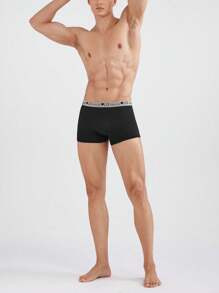 3pcs/Pack Men's Solid Color Patchwork Letter Print Simple Casual Boxer Brief - Black - View 7