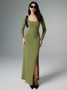 Poéselle 1 件女士休闲简约纹理开衩长裙，秋季 - 綠色 - 查看 2