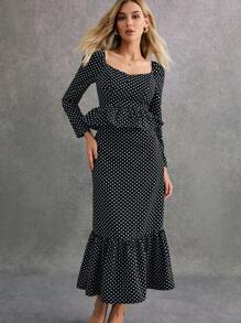 Poéselle Black And White Polka-Dot Two-Piece Set,Women Two Piece Sets,2pcs Women Autumn Elegant Polka Dot Print Ruffle Trim Top And Mini Skirt Set,Polka Dot Dress Set,Vintage Set, Effortless Chic Essential ,Elegant And Stylish, Suitable For Everyday, Street, Commute, Tea Break And Other Occasions To Wear