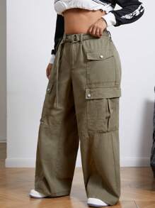 SHEIN ICON Quần Jeans Ống Rộng Túi Hộp Size Lớn Cho Nữ Thường Ngày Thoải Mái - xanh quân đội - Xem 5