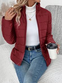 SHEIN LUNE 女士休闲纯色拉链前衬垫外套，冬季服装款式 - 酒紅色 - 查看 3