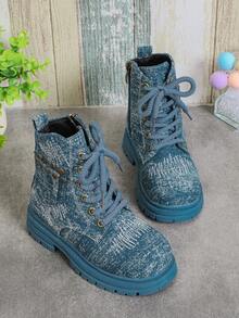 Giày bốt mũi tròn buộc dây phía trước đơn giản cho trẻ em, trang phục thường ngày - Màu xanh lam - Xem 3