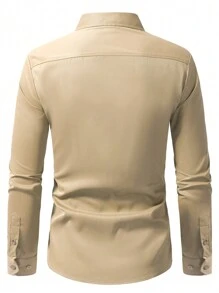 Manfinity Mode Men Solid Color Button Front Casual Long Sleeve Formal Shirt, For Fall, Ceremony - Khaki - View 2