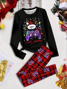 SHEIN Leap Crew 青少年男孩圣诞游戏玩家印花格子图案休闲简约紧身长袖圆领裤保暖内衬家居服，适合秋冬季