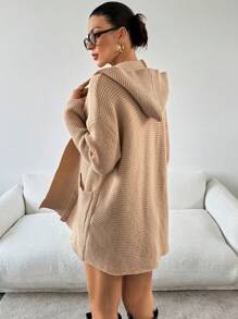 SHEIN Essnce Suéter con capucha mullido de mujer, cardigan largo de esenciales de otoño/invierno, suéter con capucha de manga larga color caqui, cardigan con capucha para mujer, informal para uso diario - Caqui - Ver 2