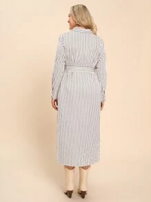 SHEIN LUNE 加大码条纹纽扣衬衫裙，秋季休闲装，办公室装扮节日装扮节日派对礼服加大码 - 黑與白 - 查看 2