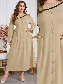 Mulvari 大码女式不对称领泡泡袖长款优雅连衣裙，优雅 A 字裙，适合日常休闲/旅游/工作 - 卡其色 - 查看 1