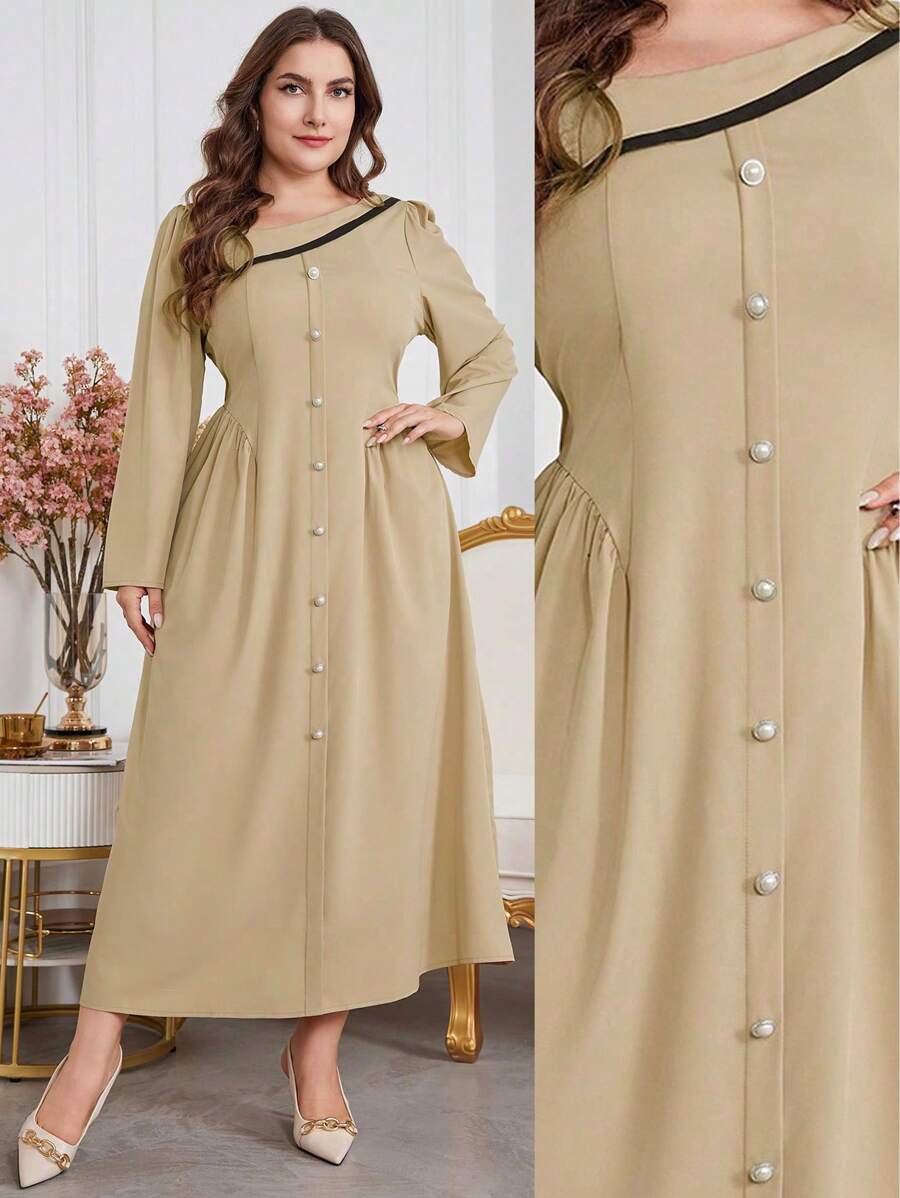 Mulvari 大码女式不对称领泡泡袖长款优雅连衣裙，优雅 A 字裙，适合日常休闲/旅游/工作 - 卡其色 - 查看 1