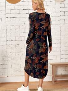 EMERY ROSE 休闲复古碎花图案针织斜口袋拱形下摆连衣裙，适合秋冬季 - 彩色 - 查看 5