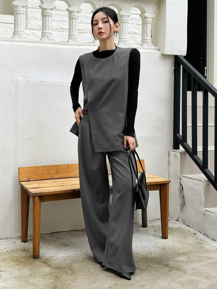 2pcs/Set Women Casual Solid Color Tank Top And Pants Set, Autumn/Winter