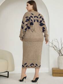 Mulvari Plus Size Women Colorblock Leaf Pattern Crew Neck Long Sleeve Sweater And Knitted Mini Skirt Casual Set 2 Pieces Set - Mocha Brown - View 2