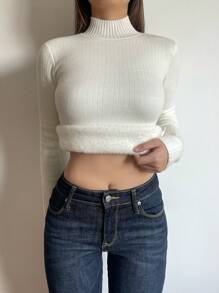 SHEIN BASICS 休闲纯色高领长袖修身常规针织毛衣 - 白色 - 查看 6