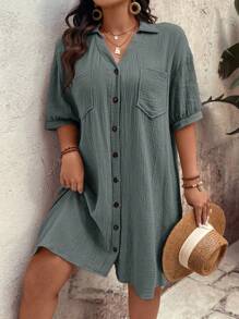 Breezaya Plus Size Women Elegant Daily Wear Solid Color Woven Button-Down Dropped Shoulder Puff Sleeve Pocket V-Neck Collared Mid-Length Dress, Summer