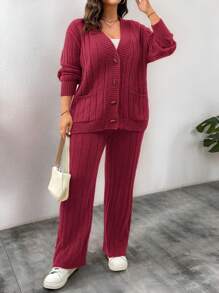 Calvaya 大码女士套装，休闲纯色落肩宽松口袋开衫和针织长裤，冬季