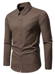 Calvornis Men's Casual Solid Color Long Sleeve Shirt, Spring & Autumn, Brown Dress Shirt Men, Dark Brown Shirt, Men Khaki Shirt, Man Brown Shirt, Men Casual Dress Shirt, For Fall - Coffee Brown - View 4
