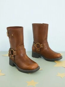 Mini mi Kid's Bestseller Cool Girl Square Toe Buckle Moto Boots - Distressed Materials, Comfort & Stylish