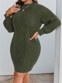 Elenzga Plus Size Solid Color Fitted Sweater Dress, Casual, Autumn/Winter Fall Cloth For Women - Army Green - View 7