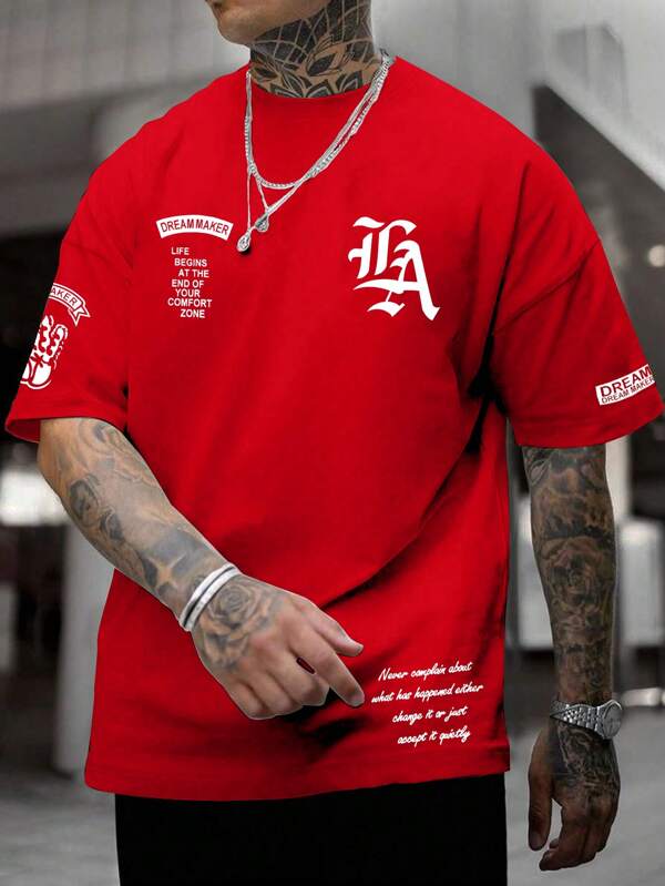 Manfinity Roughcore Camiseta casual masculina com estampa de slogan gráfico, gola redonda, manga curta, estilo anos 2000