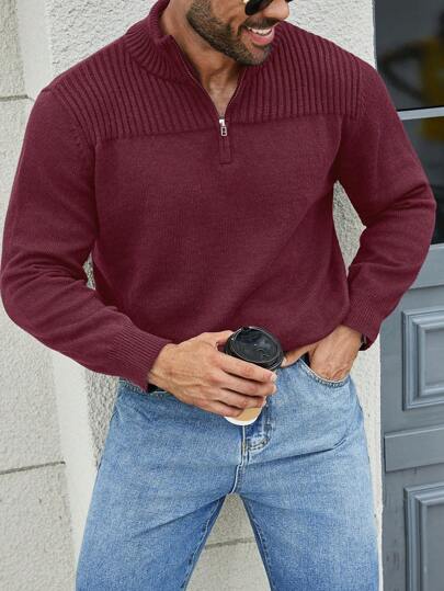Manfinity Mode Plus Size Men's Casual Everyday Half Zip Up Long Sleeve Sweater, Autumn/Winter, Men Burgundy Sweater, Men Knit Top, Men Zip Up Sweater, Red Sweater Men, Burgundy Top Men