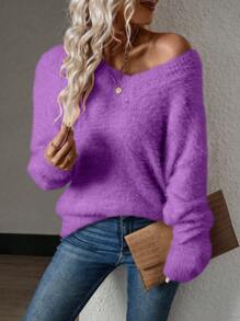 SHEIN LUNE Women Casual Solid Color Drop Shoulder Fuzzy Sweater, Autumn/Winter Knit Pullover Fall Outfit