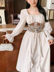 DAZY 女士秋季长袖宫廷风中长连衣裙，新年舞会礼服，荷叶边奢华优雅女装 - 米色 - 查看 7