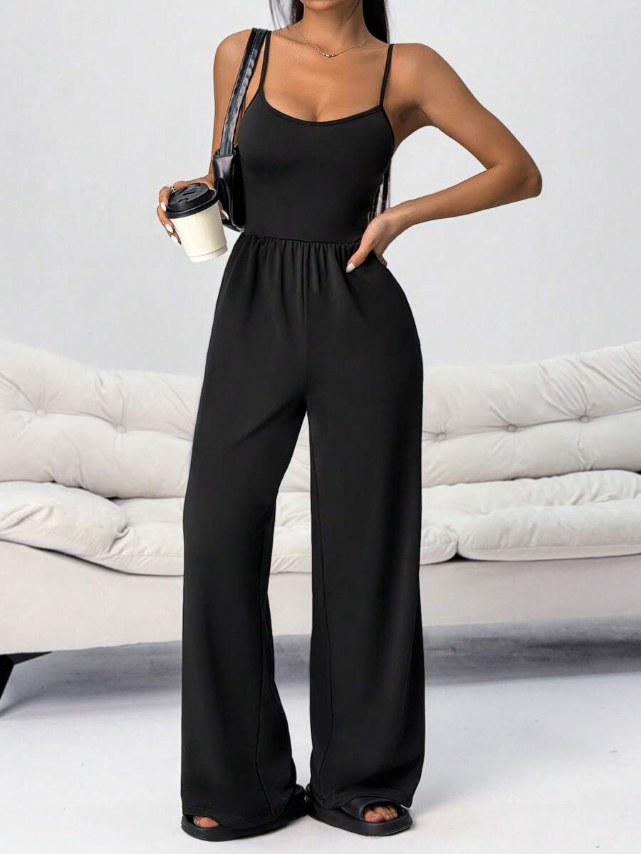 SHEIN PETITE 1 件休闲连体裤，配阔腿裤，无袖，阔腿风格 - 黑色 - 查看 1