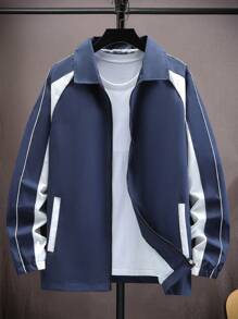 Manfinity Homme 1 Áo khoác thể thao nam trơn màu có khóa kéo phía trước, tay dài, túi, đi chơi, màu xanh navy, khối màu trang trọng, làm quà tặng cho bạn bè, chồng, bạn trai - Màu xanh hải quân - Xem 1