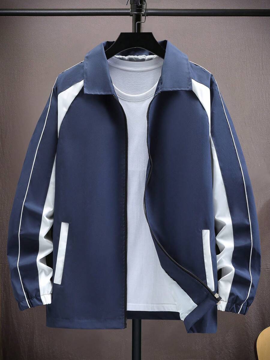 Manfinity Homme 1 Áo khoác thể thao nam trơn màu có khóa kéo phía trước, tay dài, túi, đi chơi, màu xanh navy, khối màu trang trọng, làm quà tặng cho bạn bè, chồng, bạn trai - Màu xanh hải quân - Xem 1