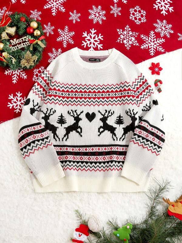 Manfinity VCAY Men Unisex Intarsia Christmas Deer Pattern Funny Loose Fit Crew Neck Pullover Graphic Colorful Long Sleeve Sweater, For Going Out, Couple Matching