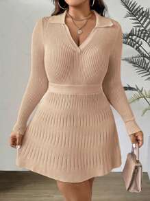 SHEIN Clasi 大码女式束腰修身马球领长袖针织连衣裙，适合冬季 - 駝色 - 查看 1