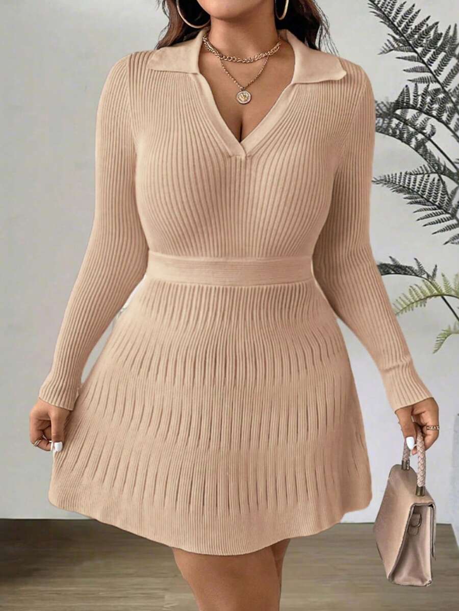 SHEIN Clasi 大码女式束腰修身马球领长袖针织连衣裙，适合冬季 - 駝色 - 查看 1