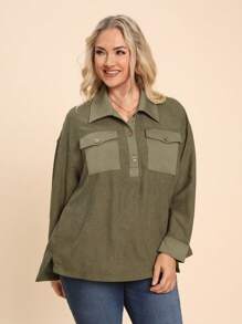 SHEIN LUNE Camisa de manga larga con botones y bolsillos de unicolor para mujer talla grande, top de invierno verde para vacaciones - Verde - Ver 4
