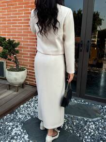 INAWLY 女士纯色前扣长袖上衣和开叉高腰半身裙优雅 2 件套 - 杏色 - 查看 2